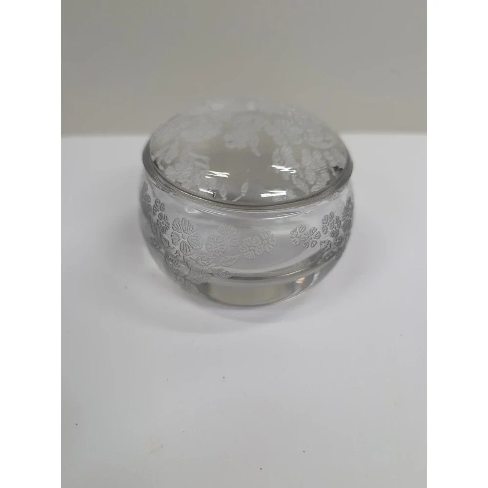Antique Cut‎ Glass Powder Jar With Lid Etched Flowers Heavy Piece